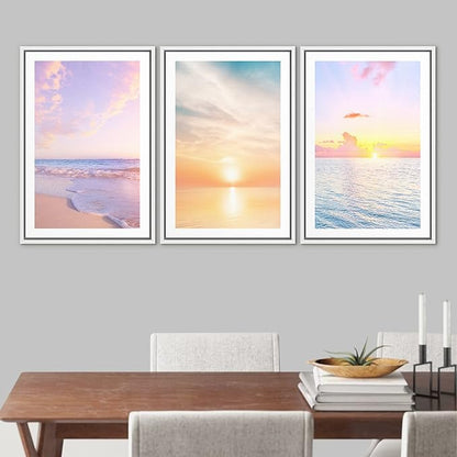 Ashbrook Framed Wall Art Print Set Pastel Dawn Sunset Ocean Beach Wave Landscape Nature Wilderness Photography Modern Art Scenic Colorful Chic for Living Room, Bedroom, Office - 24"x36"x3 White