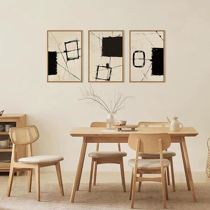 HOURIA Nordic Abstract Black & Beige Brush Stroke Framed Canvas Wall Art Set,Minimalist Geometric Grunge Line Shapes Ink Sketch Decor,Neutral Modern Drawing Artwork for Living Room,Farmhouse-16"x24"x3