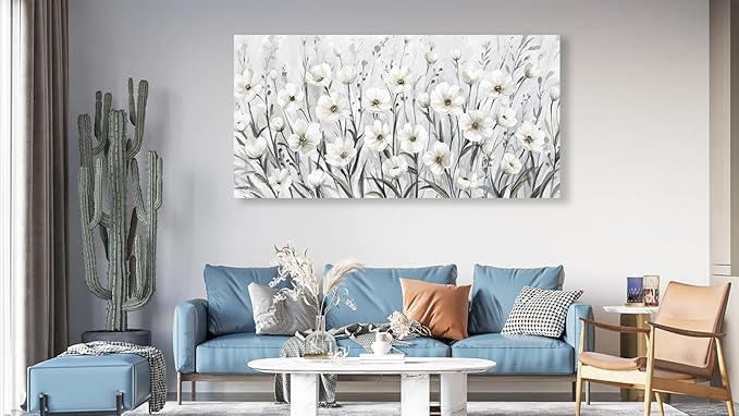 arteWOODS Flowers Canvas Wall Art - Grey White Wildflowers Pictures Wall Decor Botanical Painting Artwork Elegant Floral Prints for Living Room Bedroom Office Home Decor Ready to Hang 58 x 29in