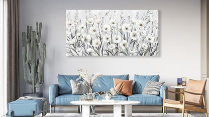 arteWOODS Flowers Canvas Wall Art - Grey White Wildflowers Pictures Wall Decor Botanical Painting Artwork Elegant Floral Prints for Living Room Bedroom Office Home Decor Ready to Hang 58 x 29in