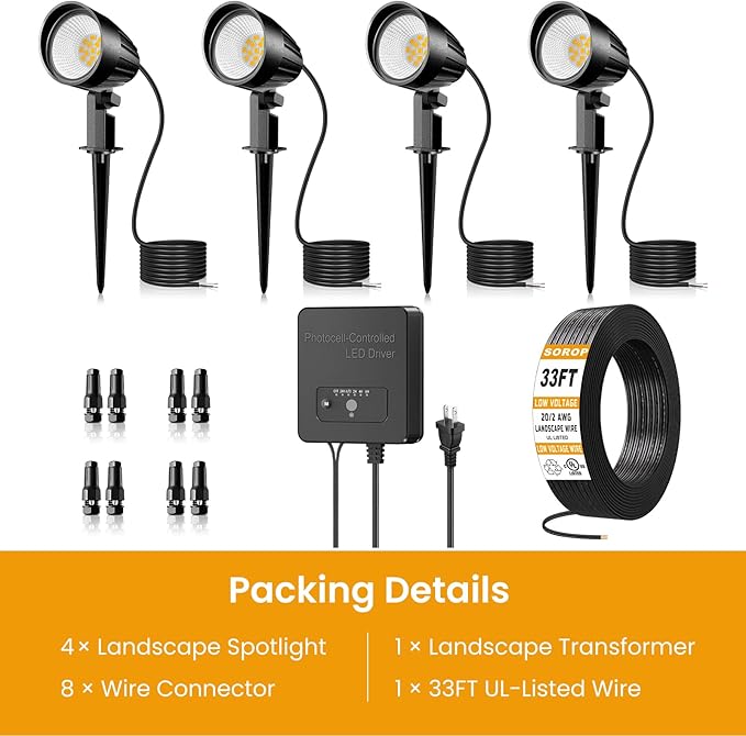 Low Voltage Landscape Lighting Kit, 12W Landscape Lights with Transformer 33FT UL-Listed Wire & Connectors, 2700K Waterproof Outdoor Garden Lights for Yard House Tree 12V-24V