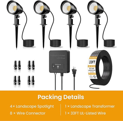 Low Voltage Landscape Lighting Kit, 12W Landscape Lights with Transformer 33FT UL-Listed Wire & Connectors, 2700K Waterproof Outdoor Garden Lights for Yard House Tree 12V-24V