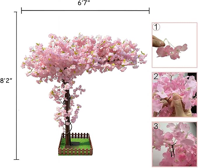 Artificial Cherry Blossom Tree 8.2Ft, Pink Silk Flowers with Solid Wood Trunk for Home & Garden Decor