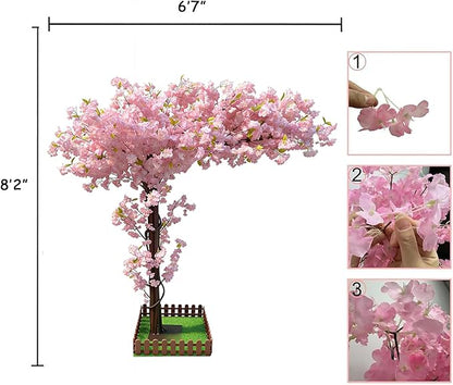 Artificial Cherry Blossom Tree 8.2Ft, Pink Silk Flowers with Solid Wood Trunk for Home & Garden Decor