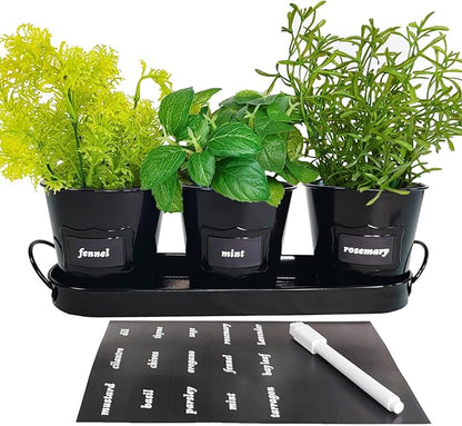 4" Herb Garden Planter Kit, Indoor Herb Planters with Tray, Set of 3 Metal Windowsill Pots for Flower Plants with Drainage Hole, Customizable Labels & Marker Pen, Black