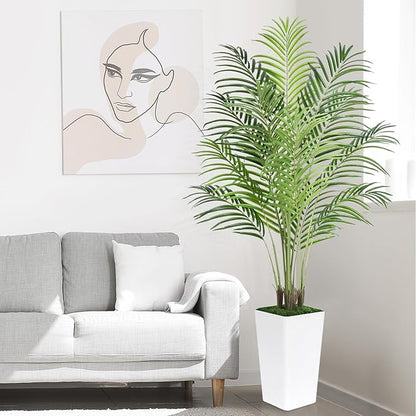 5ft Artificial Palm Tree with White Planter-Tall Artificial Indoor Plants, Fake Tropical Palm Tree, Faux Silk Plants for Home Office Living Room Bedroom Modern Decor