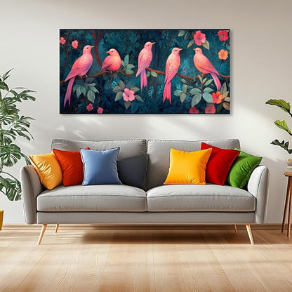 Pink Birds Canvas Wall Art Birds Floral Tree Canvas Pictures Bird on Tree Branch Painting Flower Wall Decor Canvas Nature Farmhouse Animal Painting for Girl’s Room Bedroom Bathroom Living Room (16x32 Inches)