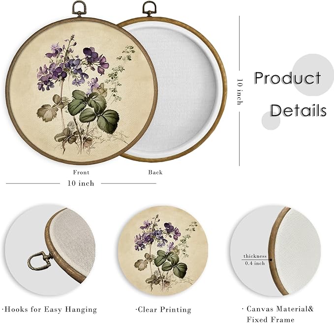MAQIKA Vintage Purple Wildflower Framed Wall Art Decor, Botanical Wall Art, Plant Round Wall Hanging Decor, Farmhouse Flower Canvas Prints Wall Art for Bathroom Kitchen Living Room, 10x10 Inch