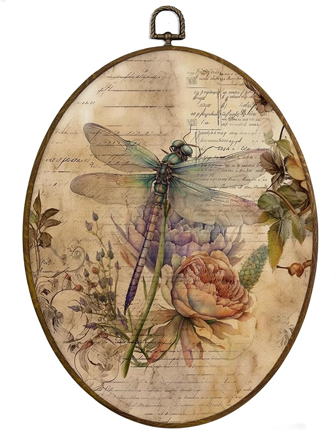 MAQIKA Vintage Dragonfly Flower Oval Framed Wall Art Decor, Dragonfly Wall Art, Retro Botanical Oval Wall Hanging Decor, Dragonflies Canvas Prints Wall Art for Bedroom Living Room,8.7x11.3 Inch