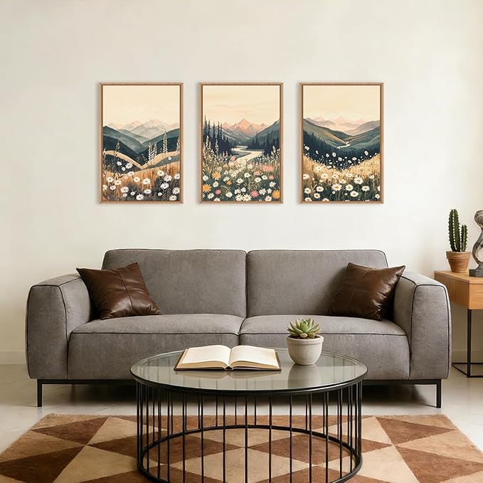 Large Boho Wildflower Framed Canvas Wall Art,Vintage Mountain Wall Decor,Nature Floral Prints,Rustic Daisy Landscape Artwork for Living Room,Bedroom,Dining Room -24"x36"x3