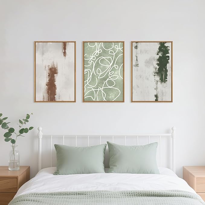 Aryroi Large Abstract Green Brown Geometric Framed Canvas Wall Art Set,Minimalist Neutral Brush Stroke Wall Decor,Modern Watercolor White Curved Lines Artwork For Living Room,Bedroom,Office-24 x36 x3