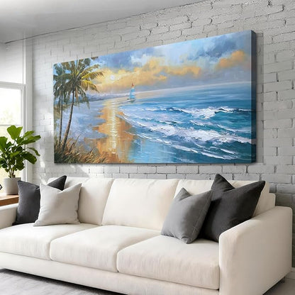 Enartly 3D Textured Seascape Wall Art for Living Room, Ocean Nature Coconut Tree Landscape Canvas Painting Artwork Framed Bedroom Bathroom Hallway Home Office Wall Decor, 40"x20"