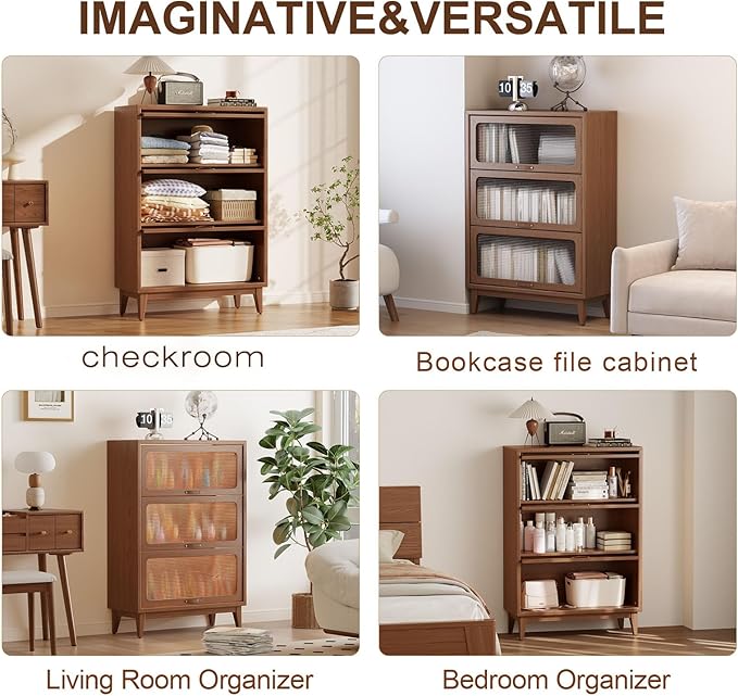 3 tier solid wood book case with corrugated tempered glass doors, dusty wooden bookshelf dark brown Flip-Up Glass Front Doors book cases/shelves for home office room with installation tool