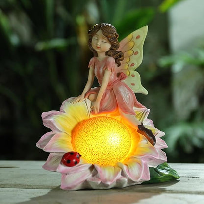 Fairy Garden Statues Outdoor Decor, Solar Fairy Lights Outdoor Sunflower Decor Lawn Ornaments Resin Sculptures Fairies Garden Decor for Outside Yard Art Patio Porch, Gifts for Women Mom