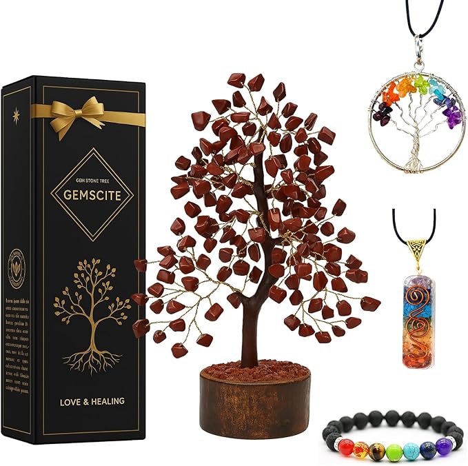 Red Jasper Crystal Tree with Golden Wire – Feng Shui Artificial Gemstone Tree for Home & Office Decor, Meditation & Healing