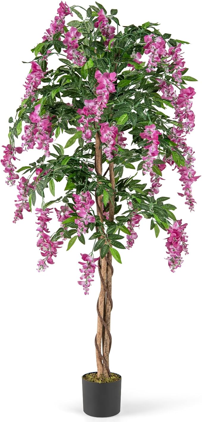 Goplus 5.5FT Ficus Artificial Tree, Faux Wisteria Tree in Nursery Pot with Blooming Flowers, Fake Potted Tree Greenery Floor Plant for Indoor Home Office Porch Living Room Decor