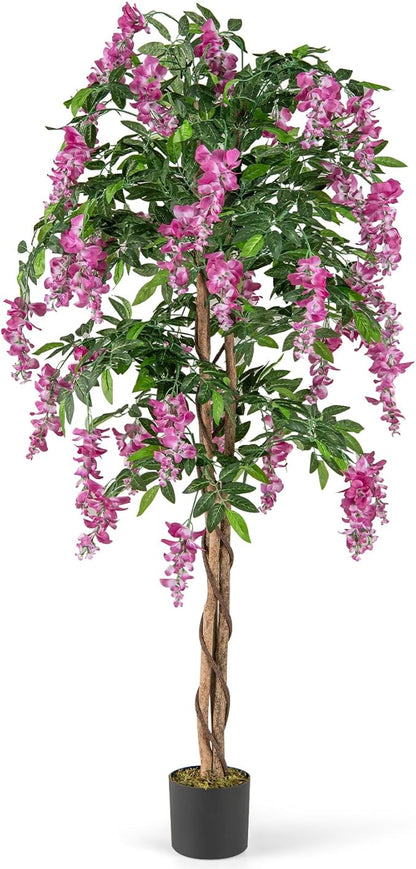 Goplus 5.5FT Ficus Artificial Tree, Faux Wisteria Tree in Nursery Pot with Blooming Flowers, Fake Potted Tree Greenery Floor Plant for Indoor Home Office Porch Living Room Decor
