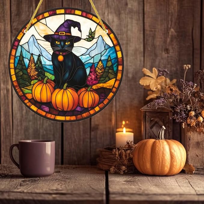 Acrylic Window Hanging Black Cat Pumpkins Stained Panel Window Decoration for Halloween Decorations Outdoor Indoor Garden Yard Home Halloween Decor 12 Inch