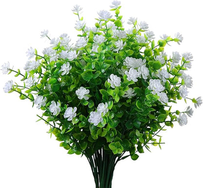 Artificial Plants Flowers Grass Shrubs 8 Pack No Fade Faux Plastic Flowers Outdoor for Vases Farmhouse Garden Porch Patio Office Indoor Wedding Decoration Greenery Fake Plants (2#White)
