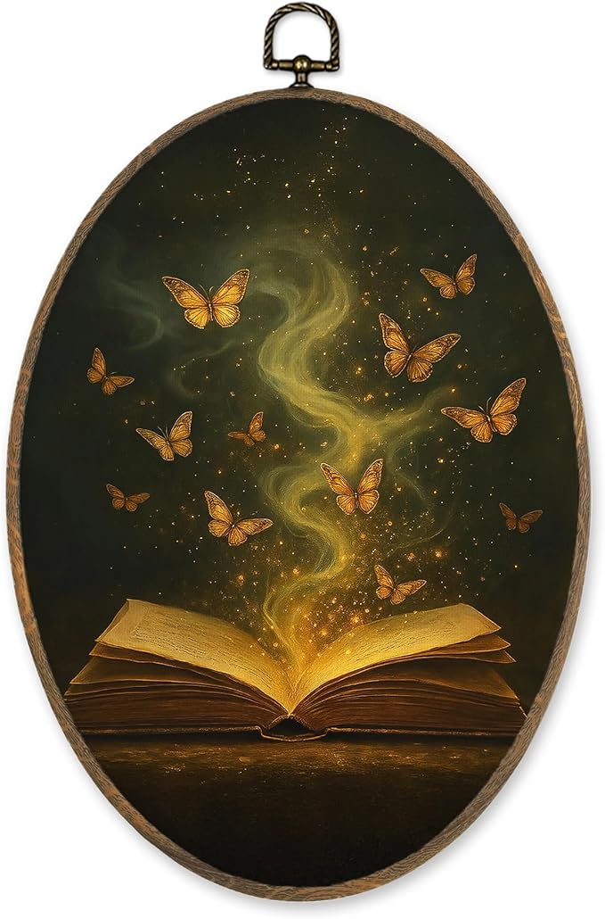 LKETW Vintage Moody Gold ButterflyBook Oval Wall Art Decor, Dark Academia Bookish Oval Canvas Hanging Decor, Book Lovers Gifts Wall Decorations for Reading Room Library Gallery, 8.6x11.4 Inch