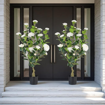 Artificial Camellia Tree 2 Pack, 3FT Faux Camellia Plant in Pot, 36 inch Fake Potted Camellia Flower Tree Plastic Camellia Tree for Modern Home Office Living Room Floor, Christmas, Decor Indoor, White