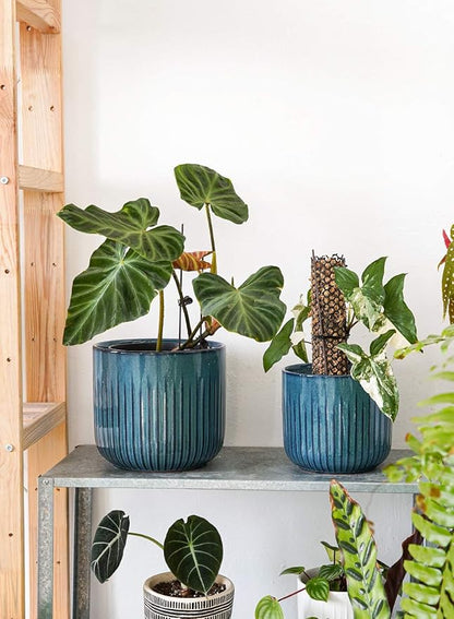 LE TAUCI Fluted Ceramic Planters Set of 3 – 8.3/7 / 5.7 in Ocean Blue Reactive Cylinder Indoor Plant Pots with Drainage Plug & Mesh, Glossy Stoneware Flower Pots for Succulents Herbs
