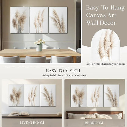 Wivsev Pampas Grass Canvas Wall Art,Beige Botanical Wall Art,Nature Botanical Pictures Prints,Minimalist Wall Decor for Living Room,Bedroom,Bathroom Decorations (24" x 36" x 3 pcs)