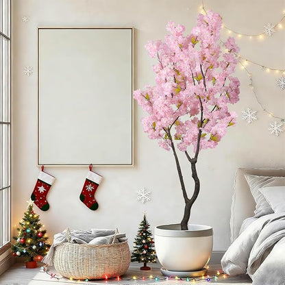 6.56ft Tall Pink Artificial Cherry Blossom Tree Decor, Fake Silk Flower Plant Indoor, Sakura Tree Realistic Faux Cherry Tree for Christmas New Year Home Decor