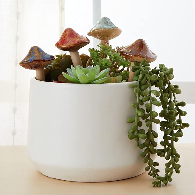 Juvale Ceramic Outdoor Mushrooms Plant Stakes - 5 in, Assorted Brown, Red, Orange & Green, 4-Pack - Set of Garden Mushrooms for Planter Pots & Indoor & Outdoor Garden Decor