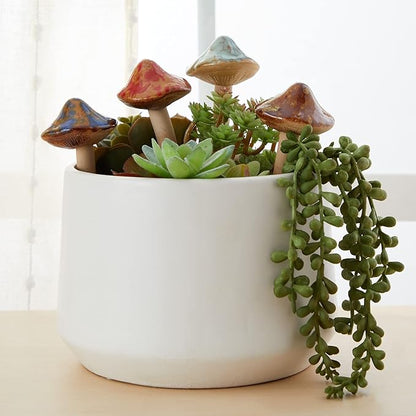Juvale Ceramic Outdoor Mushrooms Plant Stakes - 5 in, Assorted Brown, Red, Orange & Green, 4-Pack - Set of Garden Mushrooms for Planter Pots & Indoor & Outdoor Garden Decor