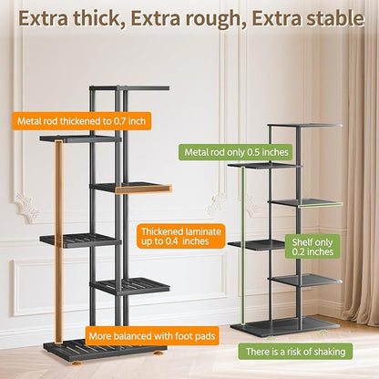 LASZOLA 5 Tier Plant Stand Indoors Outdoors with Light for Large Heavy Duty Planter, Black Metal Tall Flower Holder Rack for Modern House Corner, Vertical Iron Organizer with Multiple Rustic Shelf