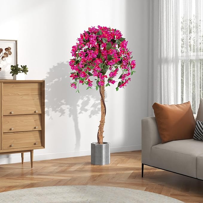 GOFLAME 53" Artificial Bougainvillea Tree, Faux Silk Flower Plant in Pot with 576 Flowers & 288 Leaves, Indoor Outdoor Fake Bougainvillea for Home, Office and Garden Decor, Red