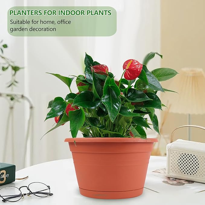 4 Pack Hanging Planters, 10 Inch Hanging Plant Pot with Hanger Chain & Drainage Trays, Hanging Baskets for Plants Outdoor Indoor, Plastic Flowers Pots for Home, Garden Decor (Terracotta Red)