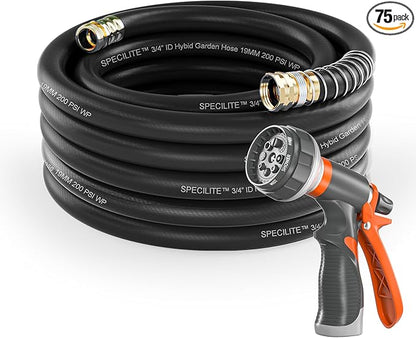 SPECILITE Garden Water Hose 75 ft x 3/4 in Heavy Duty, Flexible and Lightweight, Burst 600 psi, Kink-less Hybrid Rubber Pipe for Backyard, 3/4'' Brass Fittings, Black