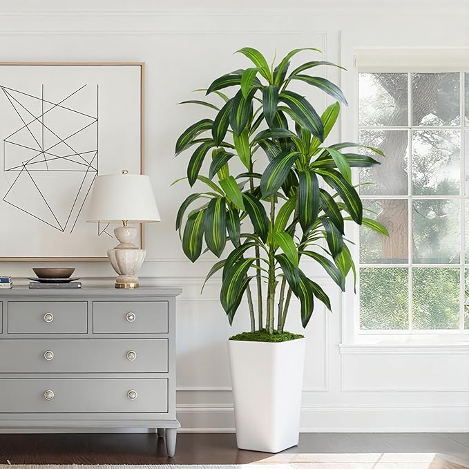 Dracaena Plant Artificial Tree 5Ft Tall Fake Tropical Floor Plants Potted Artificial Silk Tree Leaf Faux Trees White Tall Planter for Home Office Living Room Indoor Outdoor Decor