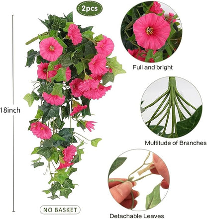 RECUTMS Artificial Fake Hanging Flowers Plants for Outdoor Decoration, 2 Pcs UV Resistant Faux Petunias Trailing Plants Realistic Flower Look Real for Door Wall Yard Porch Garden Planter (Rose Red)