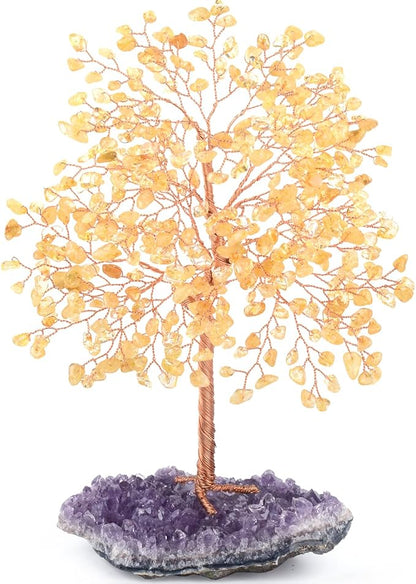 Gemstone Crystal Tree of Life,Natural Citrine(406 Stones Count) with Amethyst Cluster Base,Chakra Healing Crystals Positive Energy Fengshui Bonsai Money Tree Gift 8.5"-9"