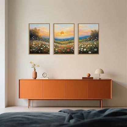 HOURIA Watercolor Sunset Floral Meadow Landscape Framed Canvas Wall Art Set,Boho Vibrant Colorful Wildflower Decor,Modern Nature Inspired Scenery Artwork for Living Room,Bedroom,Farmhouse-16 x24 x3