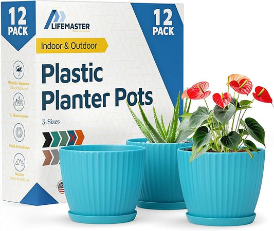 Blue 6-Inch Plant Pots with Drainage & Saucers 12 Pack, Indoor & Outdoor Planters for Houseplants, Herbs, and Flowers, Durable & Weatherproof Material, Stackable, Lightweight, Minimalist Design