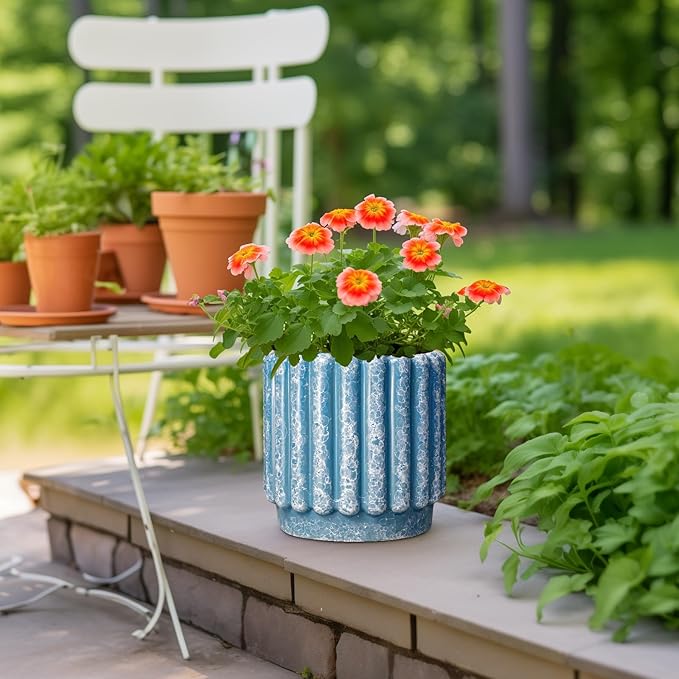 Ceramic Planter for Indoor Plants - 9.6 Inch Ceramic Plant Pots with Drainage Hole, Large Flower Pots Outdoor, Fluted Decorative Round Planter, Front Door Decor, Housewarming Gifts, Blue