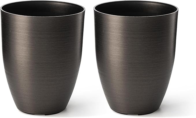 Glitzhome 16.75" H Large Planters for Outdoor Plants, Set of 2 Black Tall Planter with Drainage Holes, Large Flower Pots for Front Porch, Patio, Deck, Faux Brushed Steel Texture Finish