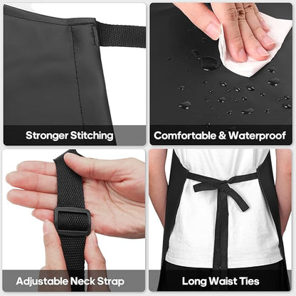 Gotega 2 Pack Aprons for Men Women with Large Pockets, Waterproof Rubber Vinyl Apron 40 Inch Heavy Duty Chef Apron Black Adjustable Work Apron for Dishwashing Kitchen Cooking Drawing