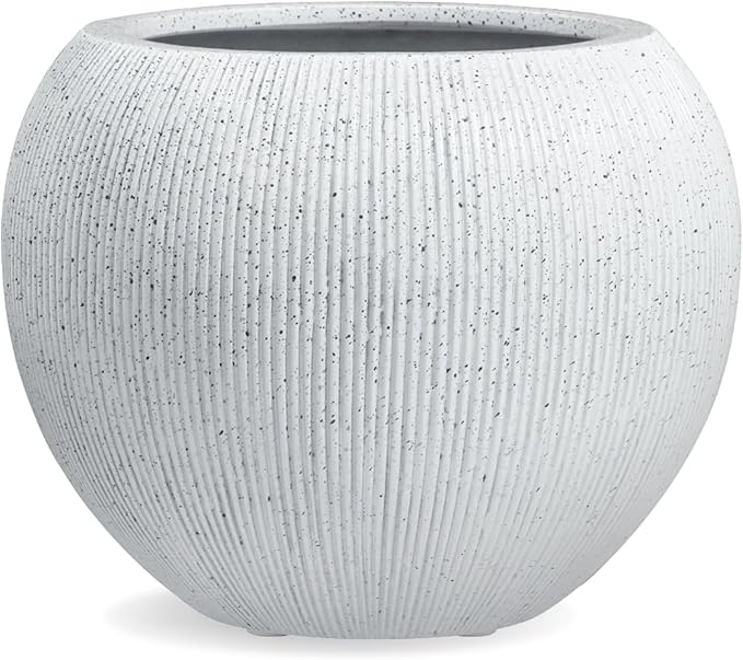 16" H x 20" D Ribbed Globo Fiberstone Round Planter with Drainage Hole, Weather Resistant for Indoor and Outdoor Use, Included 2 Extra Coco Mats (Speckled White, 13.5" Pot Opening)