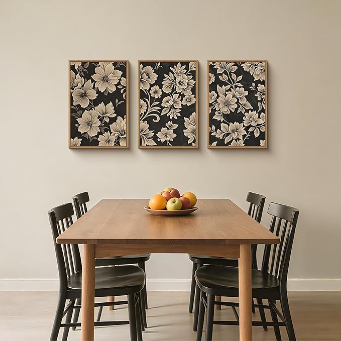 Large Vintage Floral Framed Canvas Wall Art Set,Mid Century Modern Flower Wall Decor,Neutral Wildflower Art Prints,Retro Botanical Plant Artwork for Living Room,Dining Room,Office-24 x36 x3