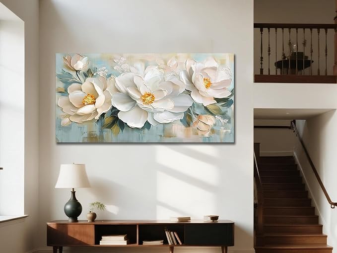 Enartly White Flowers Canvas Wall Art, Natural Plant Painting Textured Artwork for Living Room Bedroom Hallway Kitchen Dining Room Home Office Wall Decor, 58"x29"