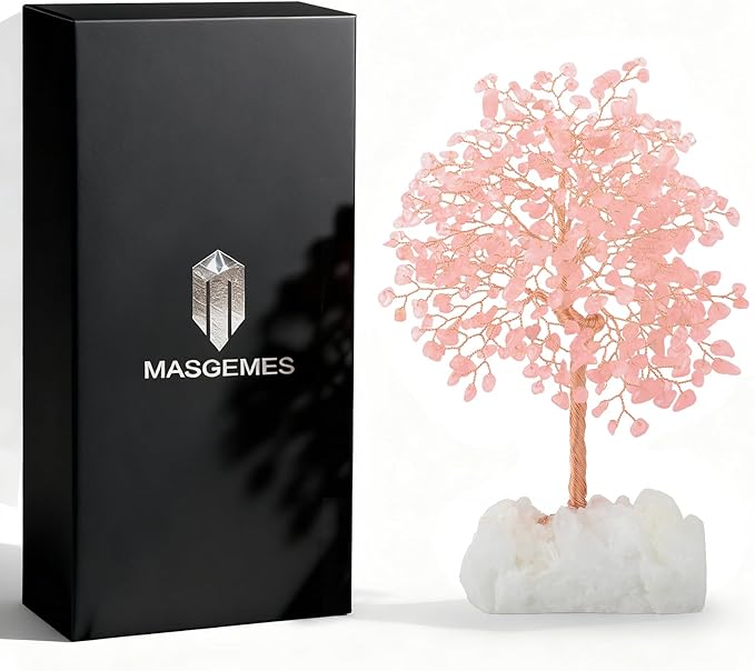 Gemstone Crystal Tree of Life,Natural Rose Quartz (406 Stones) with Clear Quartz Base,Chakra Balancing Positive Energy Feng Shui Home Decor Bonsai Money Tree,Birthday Gift 8.5"-9"
