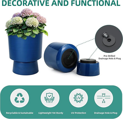 16.75" H Urn-Style Tall Planters, 2-Pack Modern Large Flower Pots for Outdoor Indoor, 2-in-1 Design Plant Containers for Garden Patio Yard Balcony Porch or Home Decor, Cobalt Blue, UV-Protect