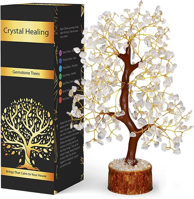 NARIBABU Clear Quartz Crystal Tree – 10-12 Inch Gemstone Tree with Golden Wire & Wooden Base – Healing Crystals Decor, Gifts for Her, Spiritual Gift, Birthday Gift for Women