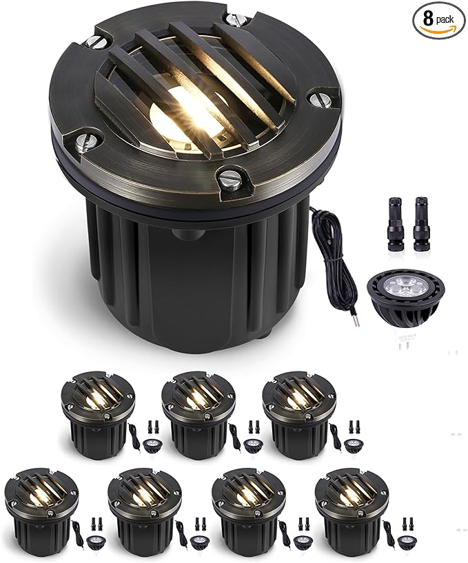 Gardenreet Low Voltage Brass Well Lights - LED 12V In-Ground Replaceable Bulb Weatherproof Fixture, Hardwired Fixture, Antique Bronze for House Wall Tree with 2700K Warm White MR16 Bulb