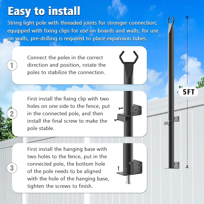 5 Ft String Light Poles 2 Pack, String Light Poles for Outside with Fixing Clips,Hanging Light Poles for Deck Fence Garden Backyard Wall Bistro,Metal Poles for Outdoor String Lights
